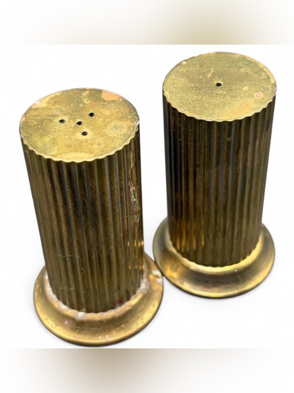 Vintage 1940s Brass Tinos Style Art Deco, Pair of Ribbed Salt & Pepper Shakers